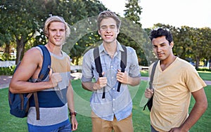 Men, portrait or friends in park at college, campus or together with happiness, smile or group. University, academy or