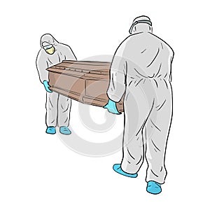The men in PPE suit Personal protective equipment carry the coffin handling for disposal vector illustration sketch doodle hand