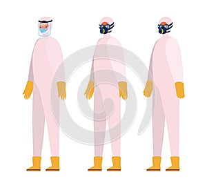 Men with protective suits masks glasses gloves and boots vector design