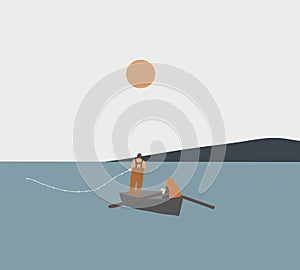 Men Pulling Fishing Net from Sea. Fishing Industry. Cartoon Flat Vector Illustration.