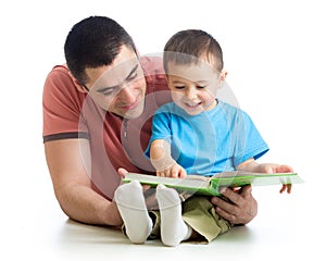 Men reading a book to son