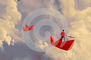 Men on red paper boats floating in the cloudy sky