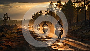 Men riding motorcycles in the forest, enjoying an adventurous outdoor pursuit generated by AI