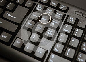 Men ring at home button on computer keyboard