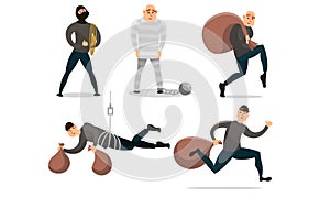 Men robbers with money and in prison vector illustration