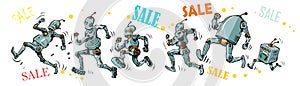 men and robots run for sale, fast run marathon sport. Consumers rush to the store