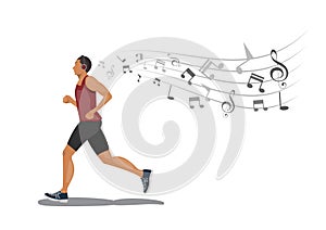 Men runing with listening to music via wireless earphones on white background.