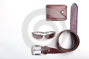 Men`s accessories for business and rekreation. A professional studio photograph of men`s business accessories. Top view