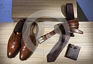 Men`s accessories collection. Classic brown shoes