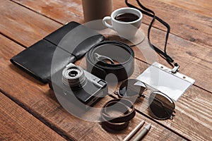 Men's accessories on the wooden table