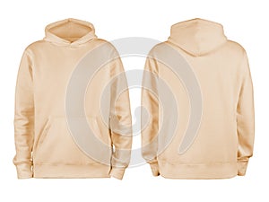 Men`s beige blank hoodie template,from two sides photo