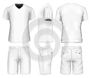 Men`s bermuda shorts and v-neck t-shirt.