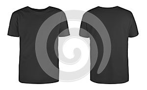 Men`s black blank T-shirt template,from two sides, natural shape on invisible mannequin, for your design mockup for print, isolat photo