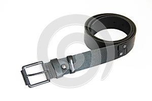 Men`s black leather belt for trousers on a white background