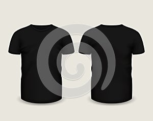 Men's black t-shirt short sleeve in front and back views. Vector template. Fully editable handmade mesh