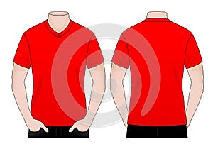 Men`s Blank Red Short Sleeves V-Neck T-Shirt Template.