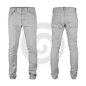 Men`s blank skinny gray jeans template,from two sides, natural shape on invisible mannequin, for your design mockup for print, iso