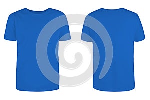 Men`s  blue blank T-shirt template,from two sides, natural shape on invisible mannequin, for your design mockup for print, isolat