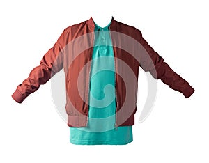 Men`s bomber jacket and polo shirt isolated on white background. fashionable casual wear