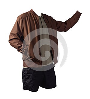 Men`s bomber jacket, polo shirt and sports shorts isolated on white background