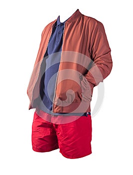 Men`s bomber jacket, polo shirt and sports shorts isolated on white background