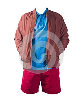 Men`s bomber jacket, polo shirt and sports shorts isolated on white background