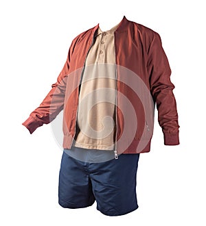 Men`s bomber jacket, polo shirt and sports shorts isolated on white background