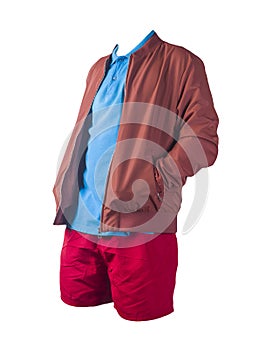 Men`s bomber jacket, polo shirt and sports shorts isolated on white background