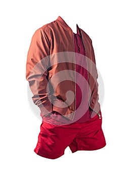 Men`s bomber jacket, polo shirt and sports shorts isolated on white background