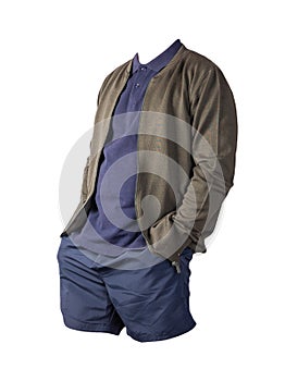 Men`s bomber jacket, polo shirt and sports shorts isolated on white background