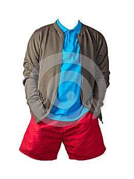 Men`s bomber jacket, polo shirt and sports shorts isolated on white background