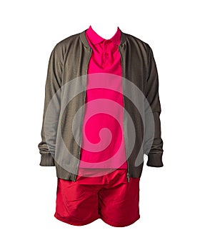 Men`s bomber jacket, polo shirt and sports shorts isolated on white background