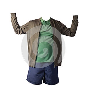 Men`s bomber jacket, polo shirt and sports shorts isolated on white background