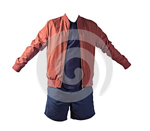 Men`s bomber jacket, polo shirt and sports shorts isolated on white background