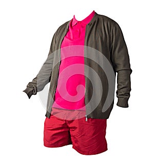 Men`s bomber jacket, polo shirt and sports shorts isolated on white background