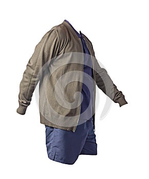 Men`s bomber jacket, shirt and sports shorts isolated on white background