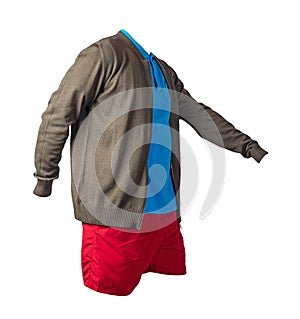 Men`s bomber jacket,  shirt and sports shorts isolated on white background