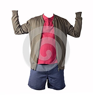 Men`s bomber jacket,  shirt and sports shorts isolated on white background