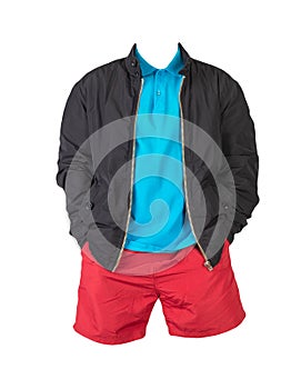Men`s bomber jacket,  shirt and sports shorts isolated on white background