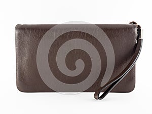 Men`s brown clutch purse. Wallet on white background