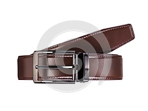 Men`s brown leather belt with dark matted metal buckle isolated on white