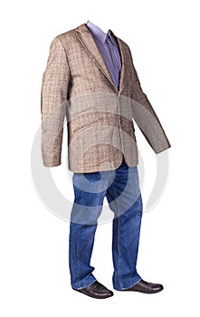 Men`s button light brown jacket, men`s blue jeans, leather black shoes and shirt isolated on white background