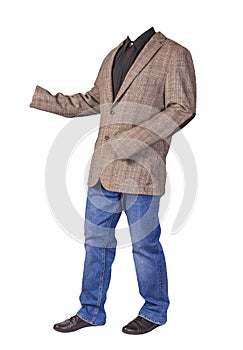 Men`s button light brown jacket, men`s blue jeans, leather black shoes and  shirt isolated on white background