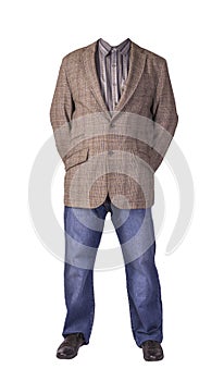 Men`s button light brown jacket, men`s blue jeans, leather black shoes and shirt isolated on white background