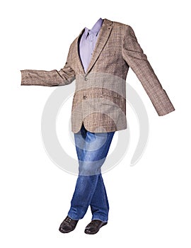 Men`s button light brown jacket, men`s blue jeans, leather black shoes and  shirt isolated on white background