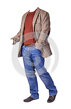 Men`s button light brown jacket, men`s blue jeans, leather black shoes and shirt isolated on white background