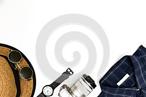 Men`s clothes with brown shoes, blue shirt and sunglasses on white background, Men`s casual outfits for man clothing set, Flat l