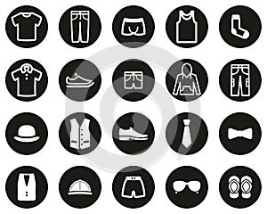 Men s Clothing & Accessories Icons White On Black Flat Design Circle Set Big