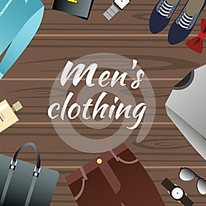 Men s Clothing and Accessories on wooden background