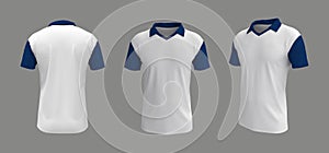 Men`s collared t-shirt mockup in front, side and back views